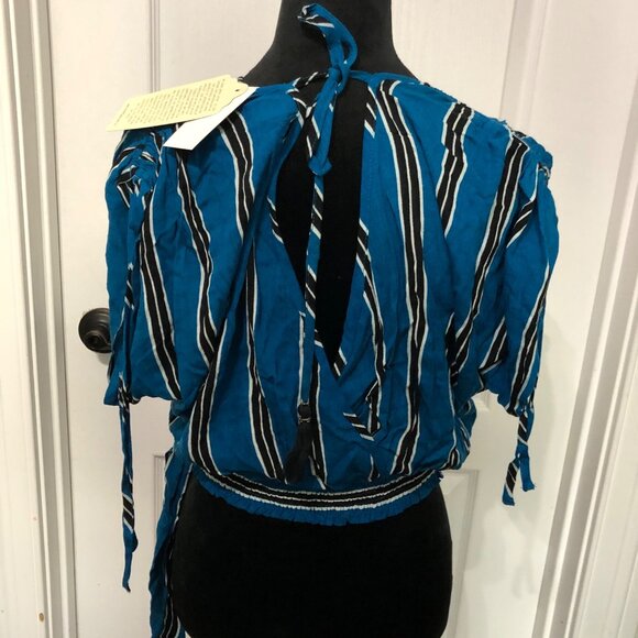 Band Of Gypsies Womens Blue & Black Striped Wrap Top Size M 100% Viscose NWT - Picture 5 of 9